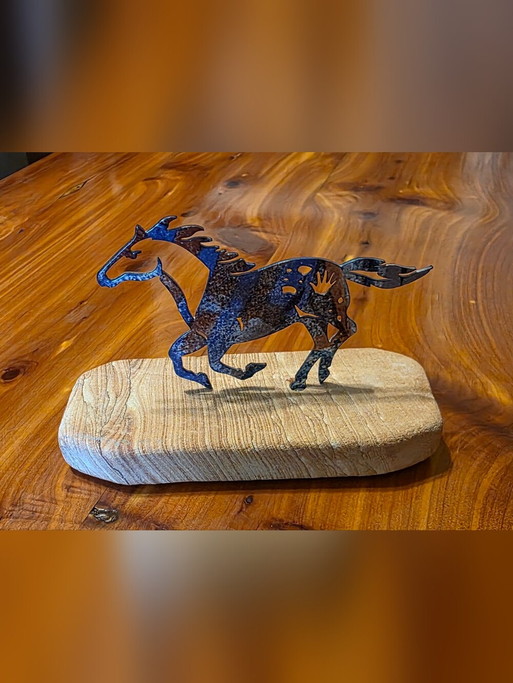 Handcrafted Mukti-Color Metal Horse Sculpture on Sandstone Base